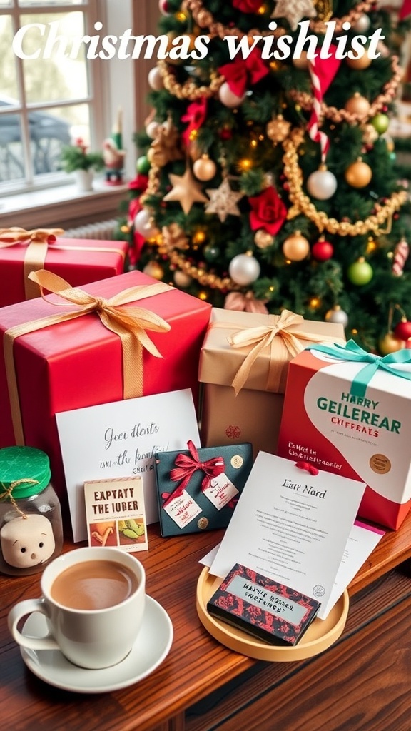 A festive Christmas wishlist display with unique gifts, a decorated tree, and colorful presents.